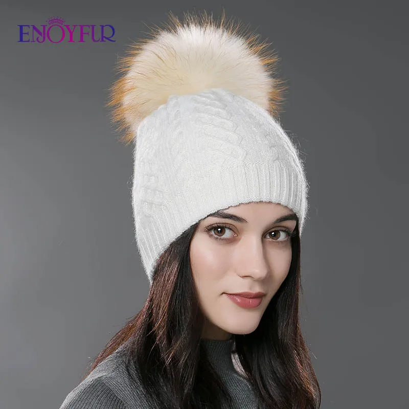 ENJOYFUR, зимняя меховая шапка с помпоном для женщин, кашемировая шерстяная хлопковая шапка, большая шапка с натуральным енотом, шапка с меховым помпоном, шапка с помпоном из лисьего меха