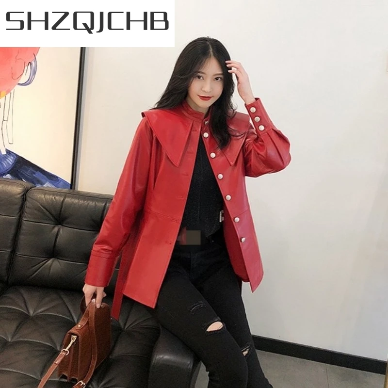 

JCHB 2021 Designer 100% Genuine Leather Jacket Women Autumn Slim Sweet Sheepskin Windbreakers Streetwear Red Office Lady Sashes