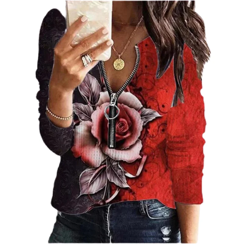 

Floral Print Women Street T shirt Long Sleeve Half Zipper V-Neck Knitting Top Ladies Autumn Winter Loose Casual Kitted Tshirts