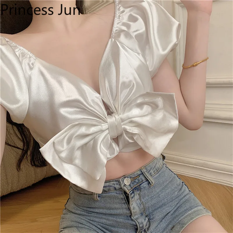 

Women Retro French Pink Bow Shirt Sexy Slash Neck Short Puff Sleeve Crop Top Fashion Design Summer Backless Slim Short Blouse
