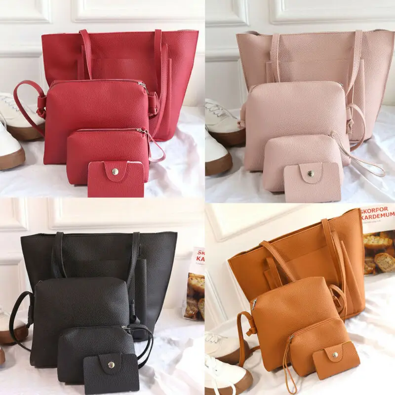 

4Pcs/Set Women Lady PU Leather Shoulder Bag Wear-resisting Durable Practical Environmental Satchel Clutch Coin Purse Lot