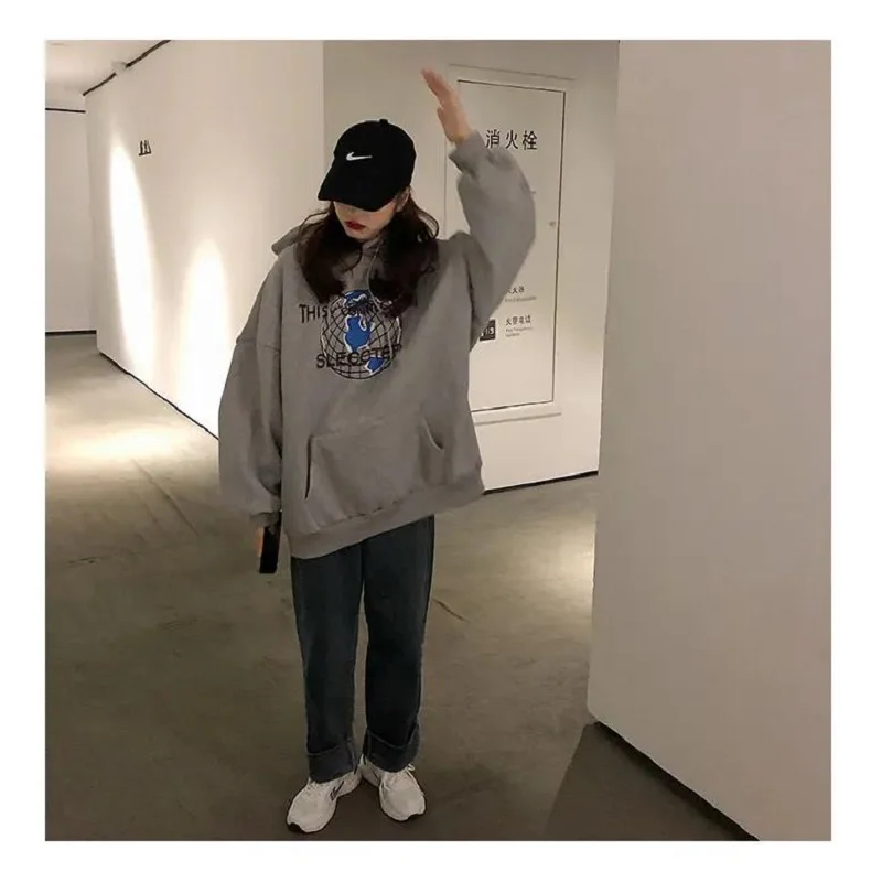 

AIRGRACIAS 2020 Autumn Winter New Products Y2K Ladies Pullover Trend Wild Loose Sweatshirt Earth Network Printing Youth Hoodie