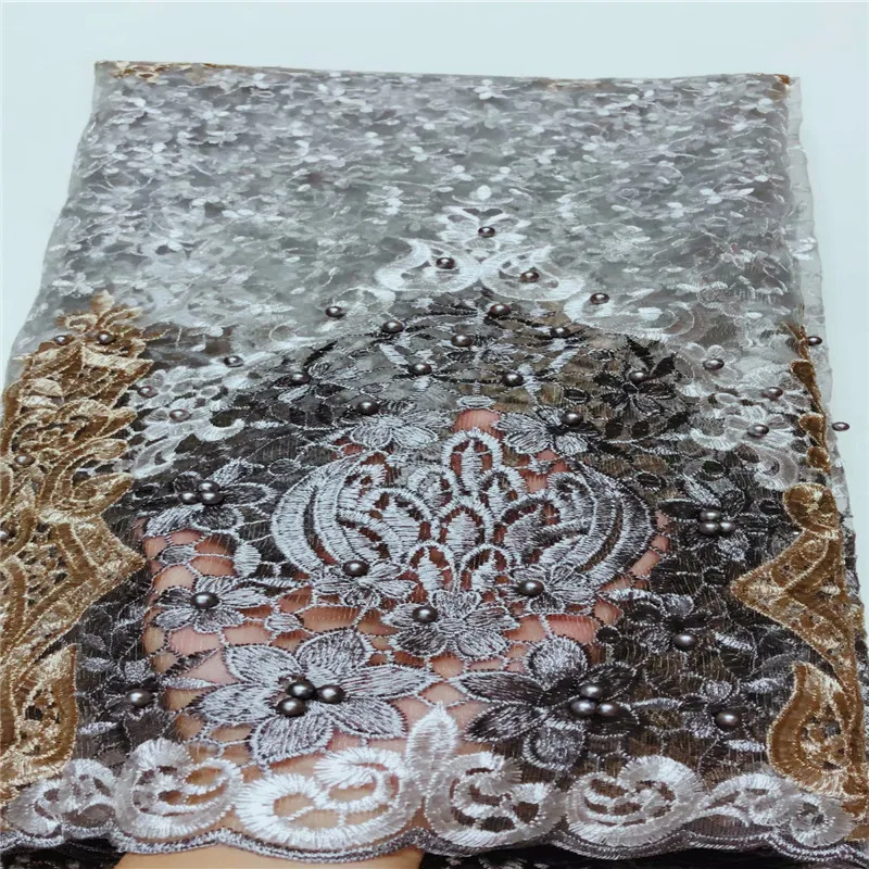 Африканская кружевная ткань из тюля с вышивкой серых перьев 2020 бусин Цветочная