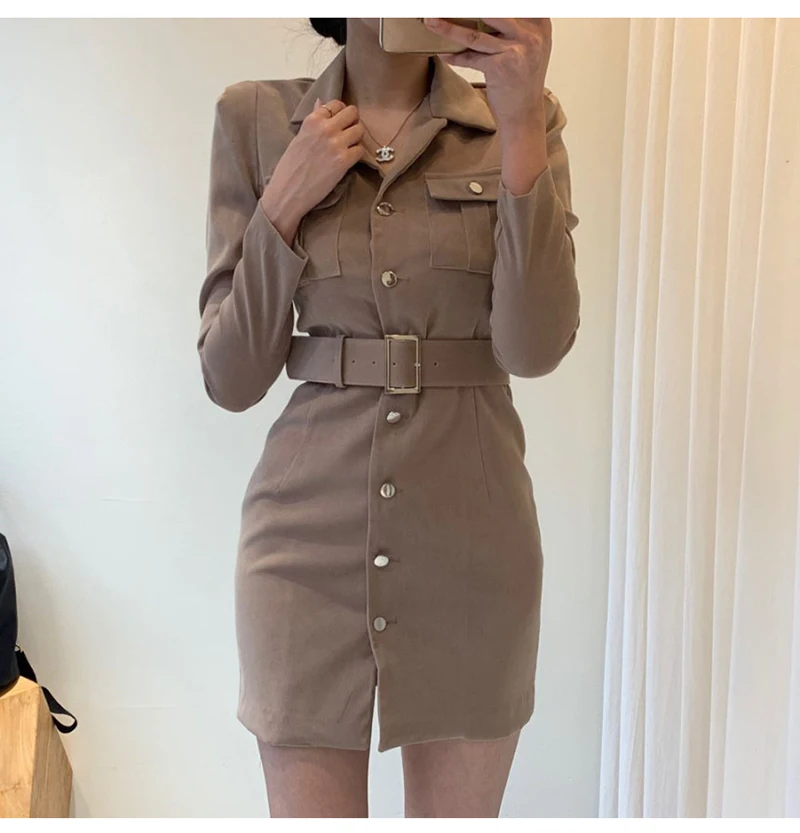 Trytree Autumn Winter Women Casual Dress Turn-down Collar Single Breasted Pockets Belt 5 Colour Slim fit Fashion Mini Dress