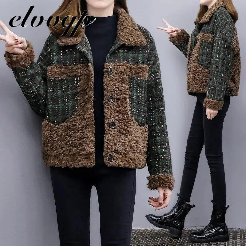 

Fashion Plaid Wool Blend Splice Coat Women 2021 New Autumn Winter Warm Woolen Coats Korean Lambswool Short Jacket Coat Female