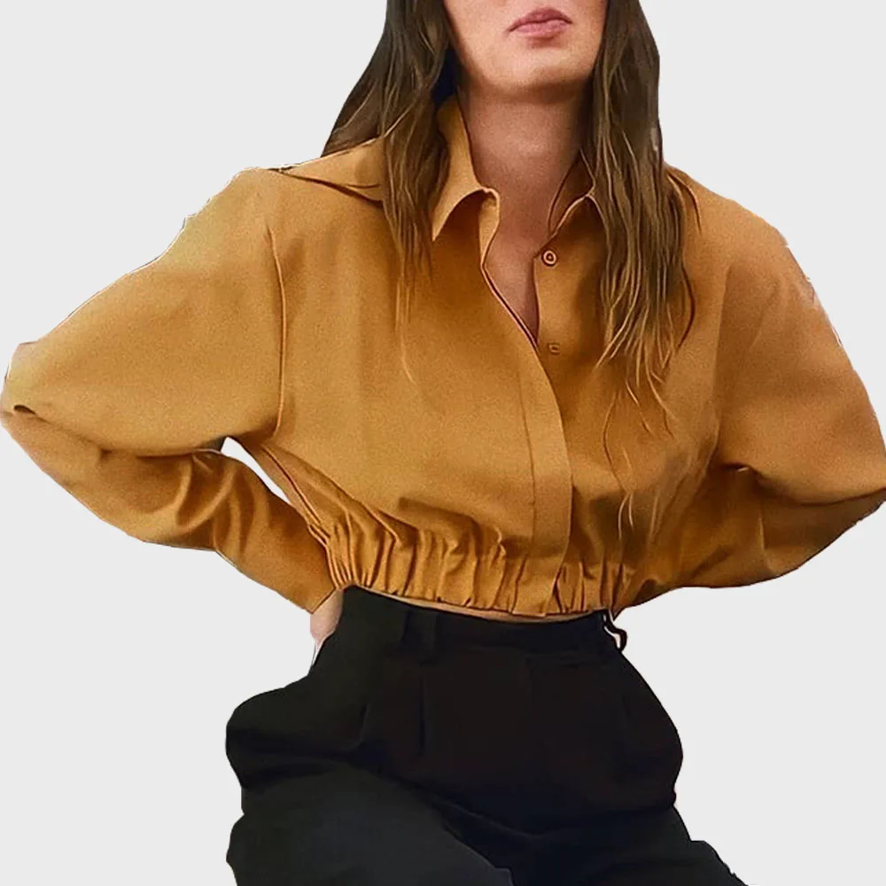 

Fashion design sense single-breasted long-sleeved cropped elestic waist shirt for women