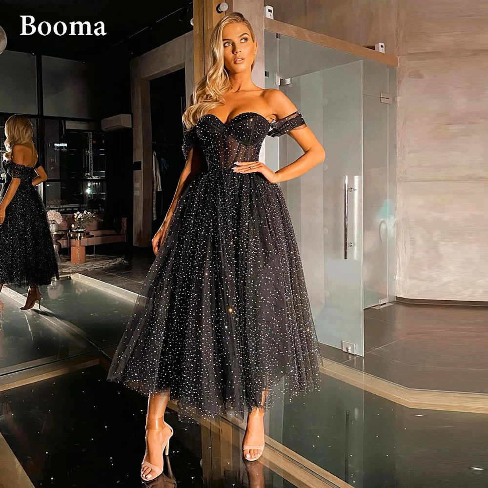 

Booma Black Off the Shoulder Prom Dresses Sweetheart Boning Midi Prom Gowns Illusion Bodice Tea-Length Formal Party Dresses