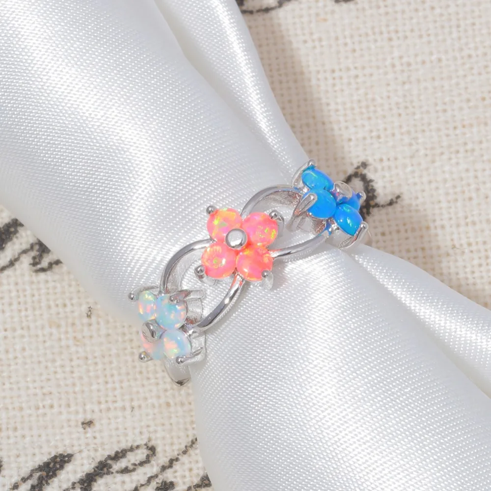 Кольцо женское посеребренное с голубым/розовым/белым огненным опалом размеры 5-11