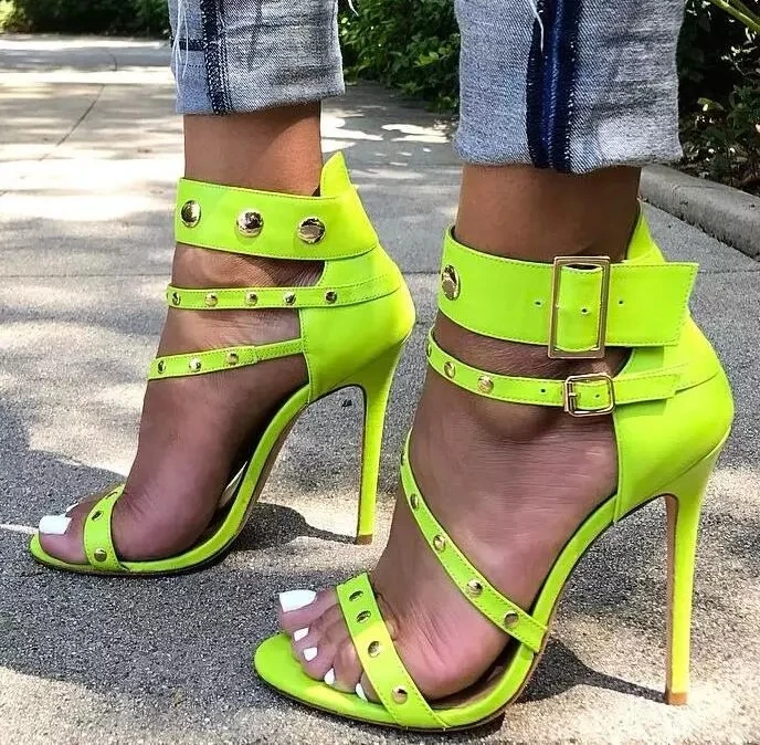 

Green Narrow Band with Rivets Gladiator Sandals Stiletto High Heels Lady Open Toe Cut-Outs Side Buckle Thin Heels Party Shoes