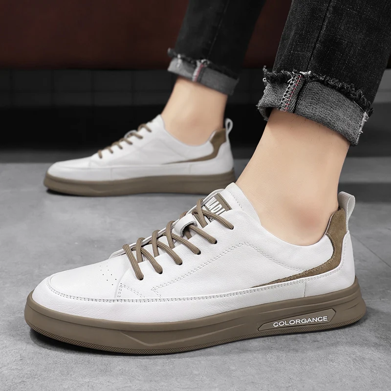 

Four Seasons Men's Casual Shoes Fashionable Comfortable Breathable Round Toe Lace-up Boys Sports Leather Panel Shoes C500