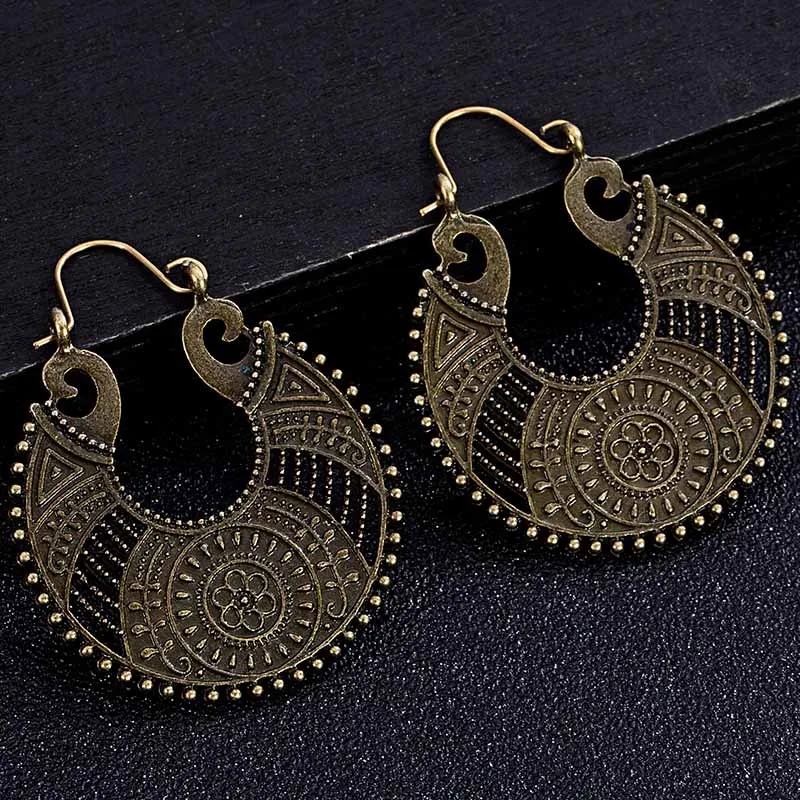Bronze Индийские племенные латунные серьги, висячие серьги-капельки, украшенные цветами вихревые «цыганские» серьги для женщин, богемные Винтажные серьги EAR00C07B - Окраска металла: Bronze