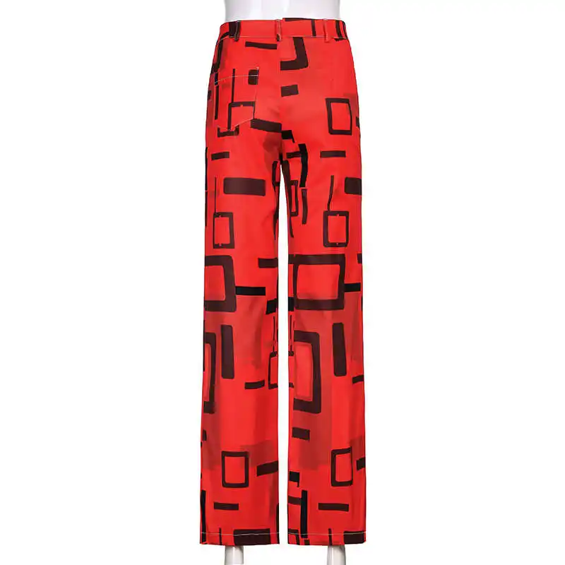 

Plaid Print High Waist Straight Pants For Women Fashion Streetwear Tie Dye Ladies Loose Red Trousers Full Length Bottom
