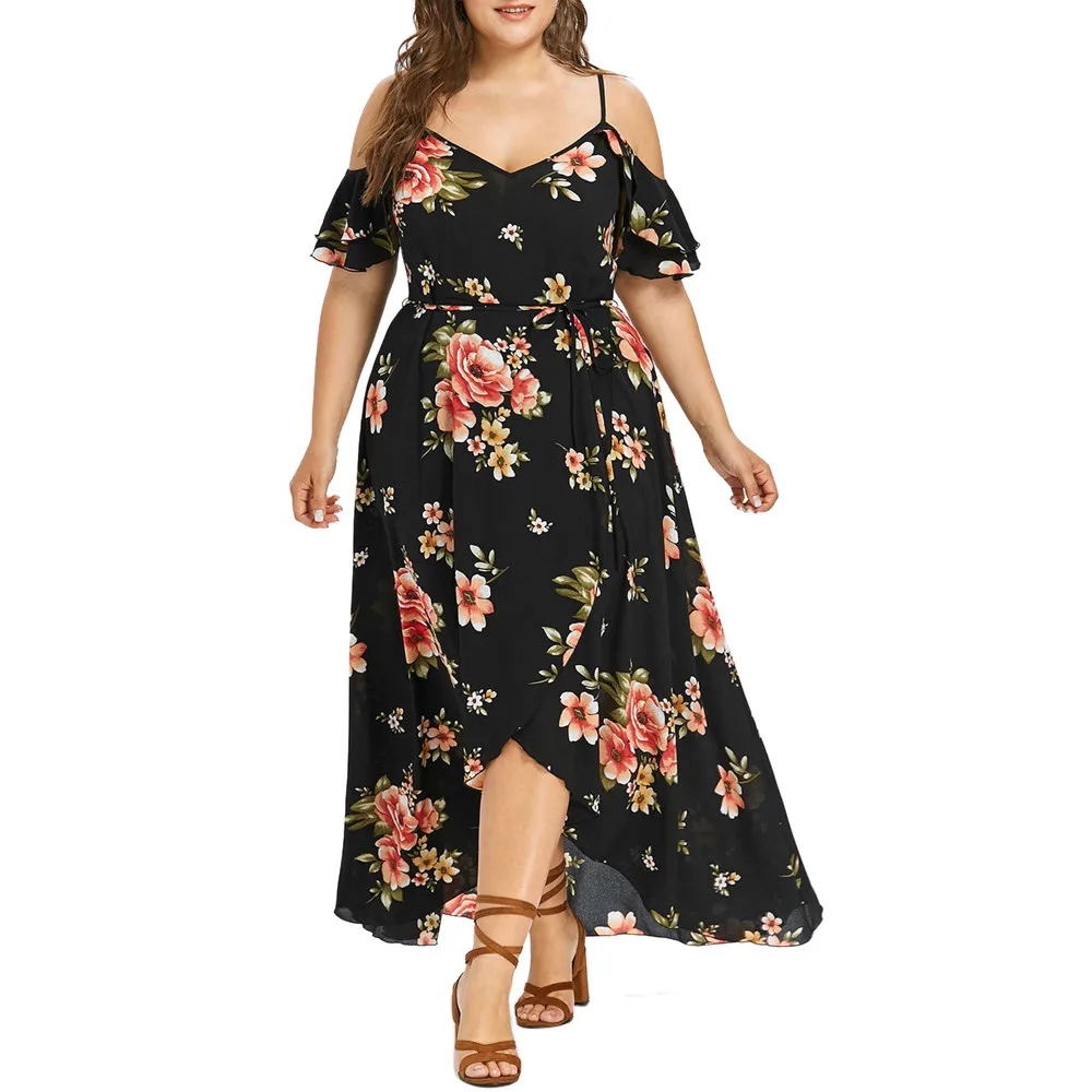 

Plus Size Dresses Women Casual Short Sleeve Cold Shoulder Boho Flower Print Long Dress Summer Sling Strap Dress плае боо