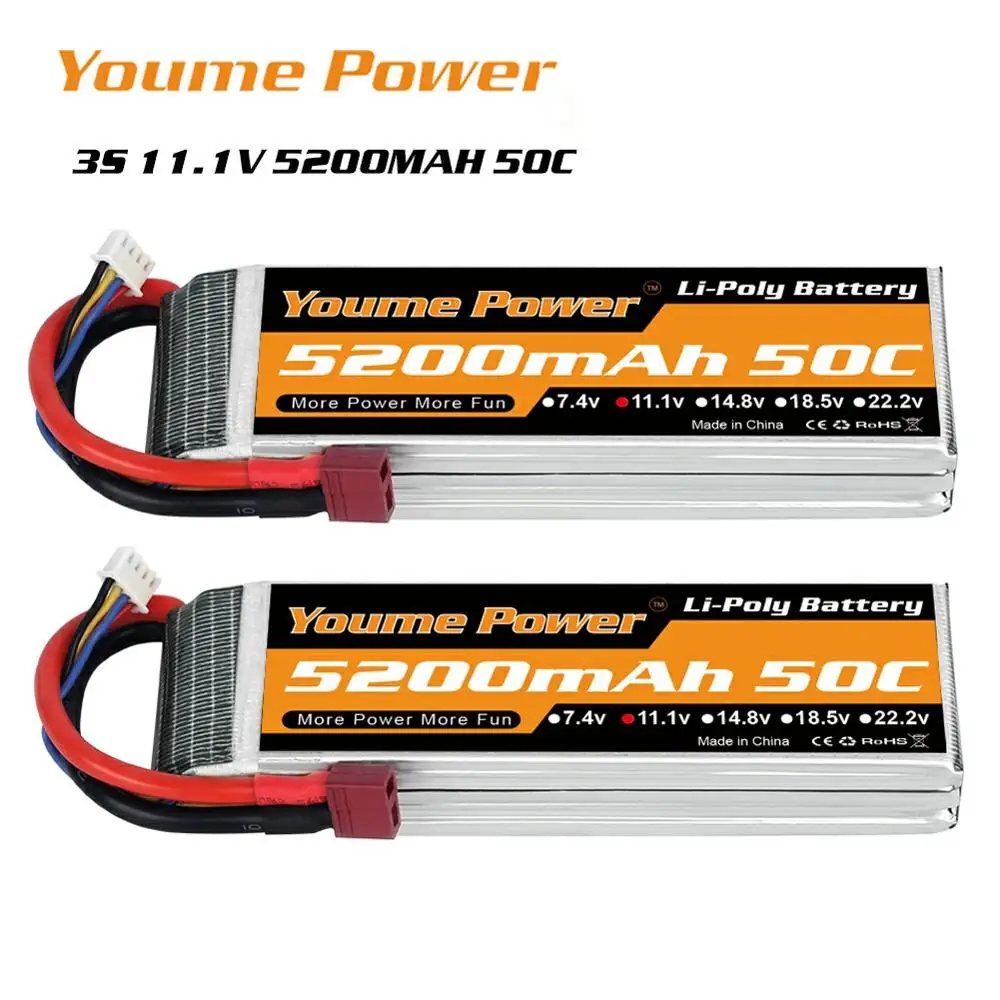 2 шт. литий полимерный аккумулятор Youme RC 3S 11 1 В 5200 мАч 50C XT60 Deans для масштаба 1/10 1/12