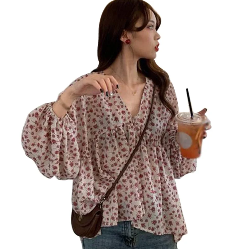 

Autumn New Temperament Floral Print Chiffon Shirt Simple Loose Deep V-neck Long-sleeved Thin Wild Blouse Women Casual Top