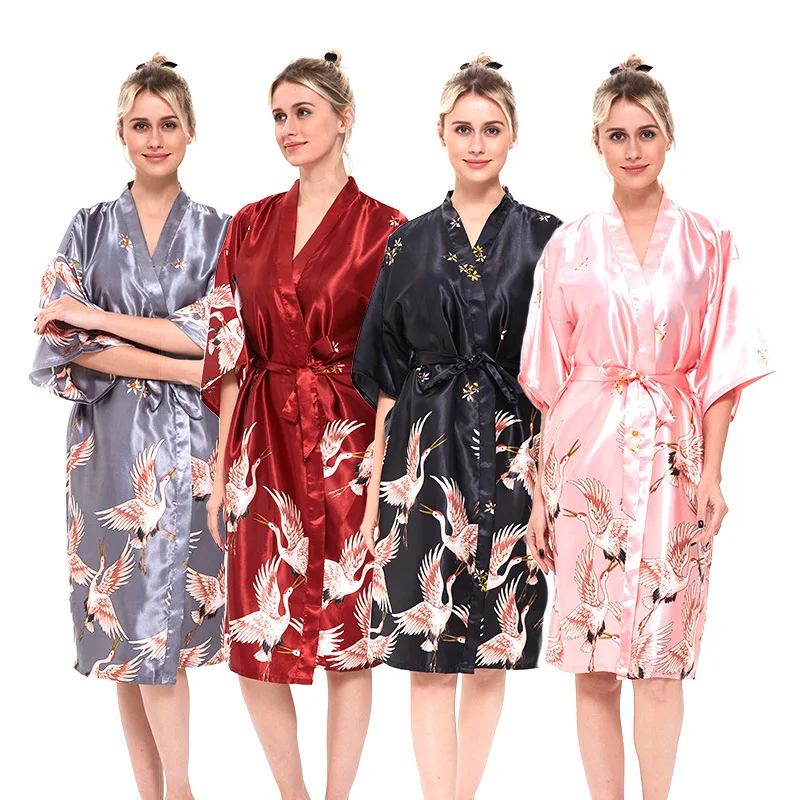 

DUOYIDUO&HOL.Pajamas for Sexy Ladies Ice Silk Nightgown Medium Sleeve Large Size Bathrobe Silk Bride's Morning Gown