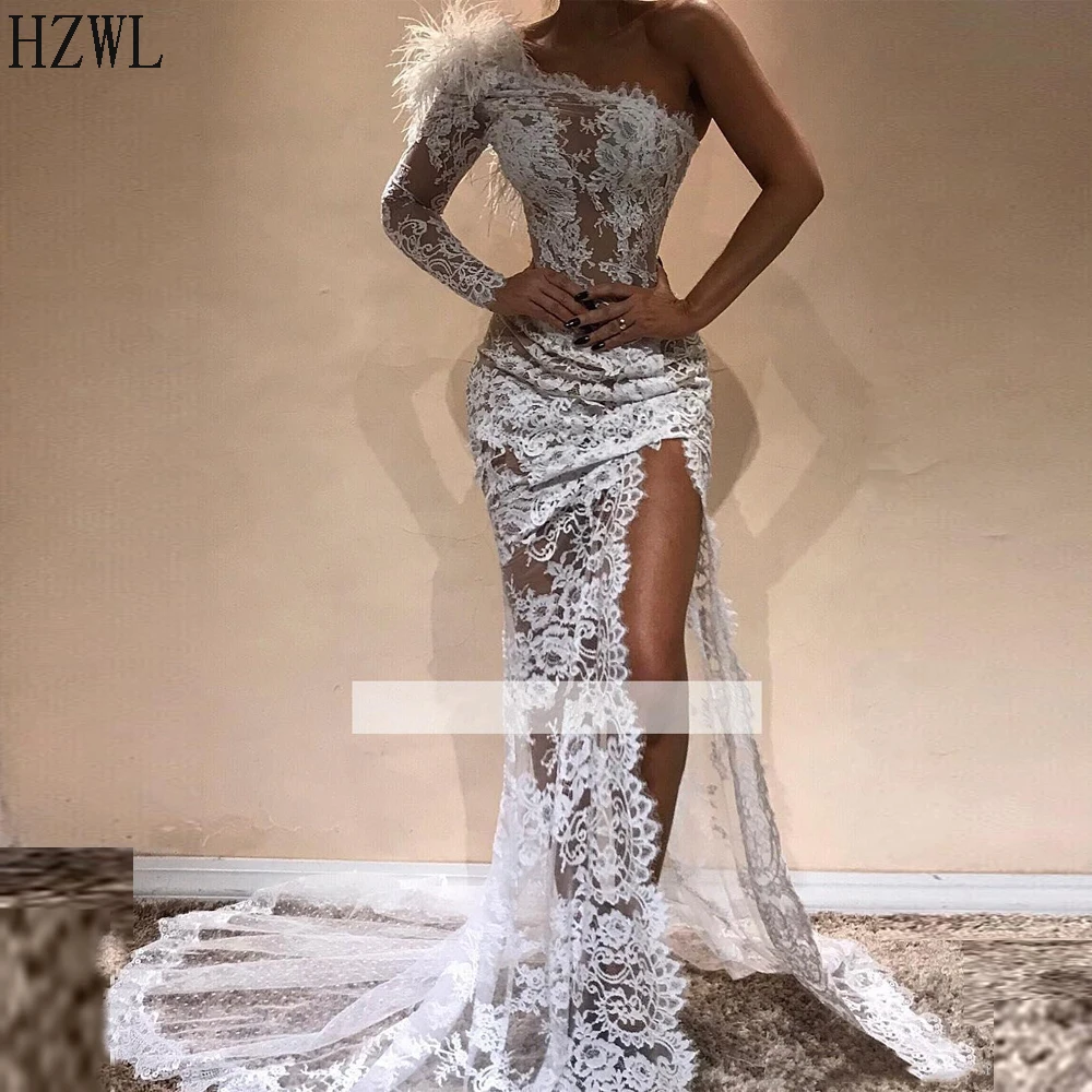 

White Full Lace Mermaid Evening Dresses Hot Sell Side Split Modern One Shoulder See Through Red Carpet Pageant Celebrity Gown