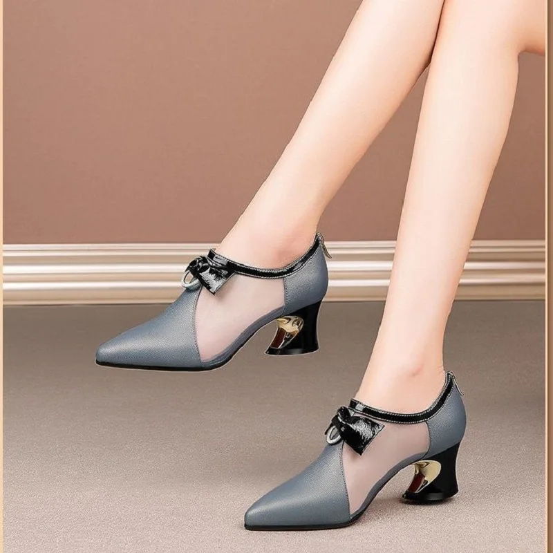 Босоножки женские кожаные с бантом сетчатые на толстом каблуке без носка для