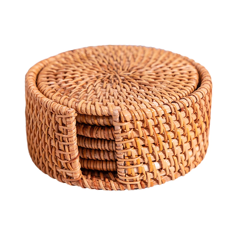 

Rattan Coasters with Holder Storage Box Handmade Tea Cup Round Edge Coasters for Kitchen Table Drinks Crafts FBS889