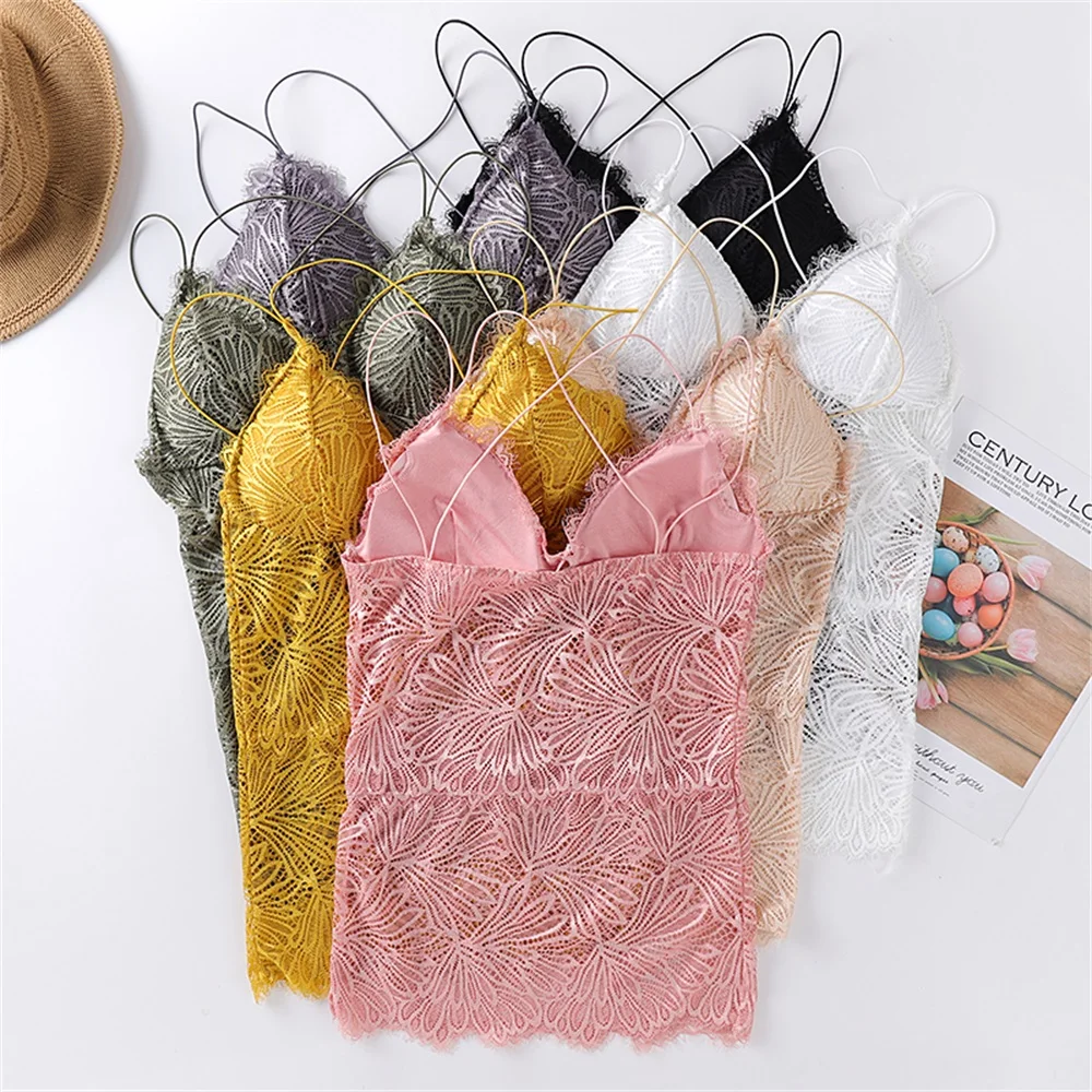 

Women Bra Tops French Style Bralette Camisole Lingerie Femme Sexy Lace Tube Top Long Crop Top Bandeau Push Up Bras Solid Tank