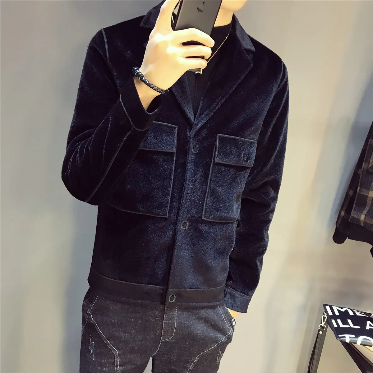 

Black jacket men's short coat multi-pocket slimming top