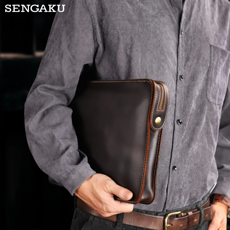 Handmade Genuine Leather Men's Briefcase 13.5'' Laptop Business Shoulder Bag Messenger Bags For Male