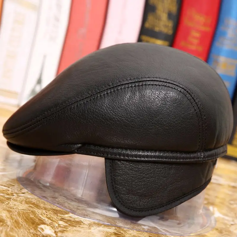 

Leather Hat Winter Warm Cashmere Beret Middle-Aged Men 's Ear Protection Duck Tongue Forward Beanies Flat Eaves