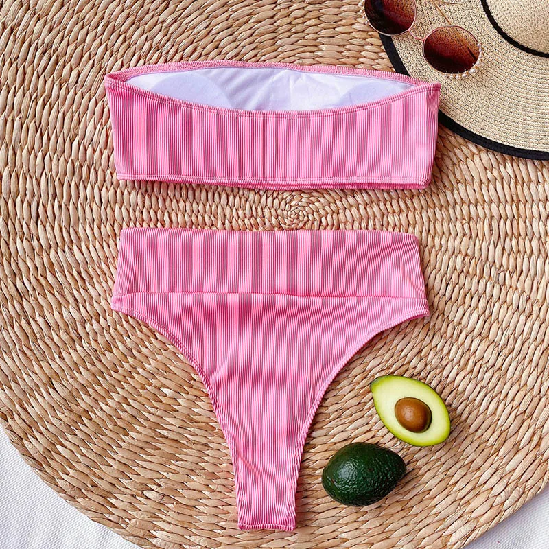 

High Waist Bikinis Bandeau Swimsuits Swimwear Women Black Strapless Biquini High Cut Bathing Suit Women 2021 Beachwear