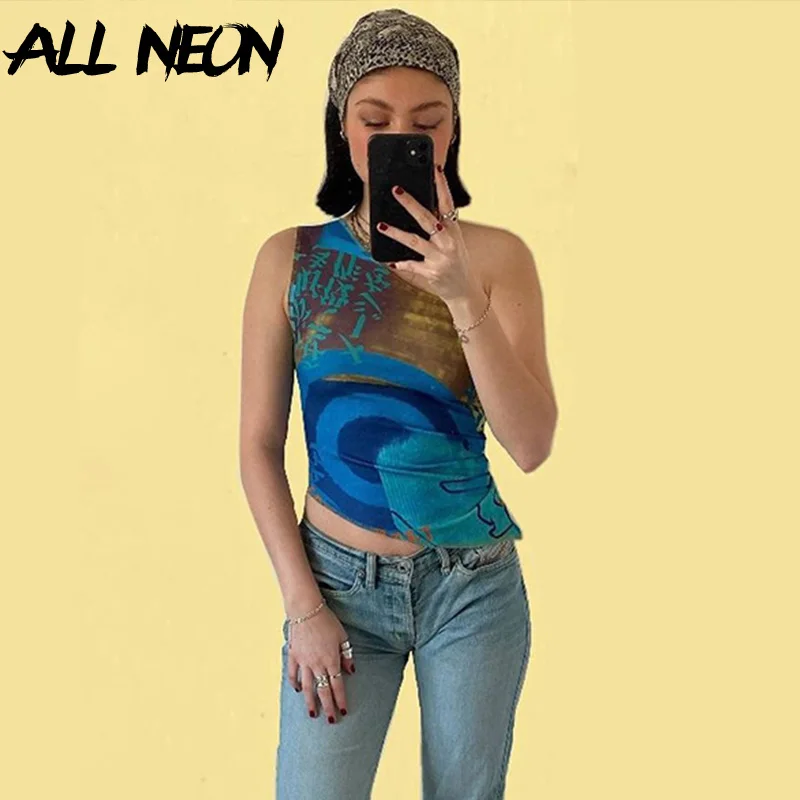 

ALLNeon Y2K Streetwear Punk One Shoulder Printing Crop Tops E-girl Fashion Harajuku Letter Pattern Sleeveless Tank Tops Summer