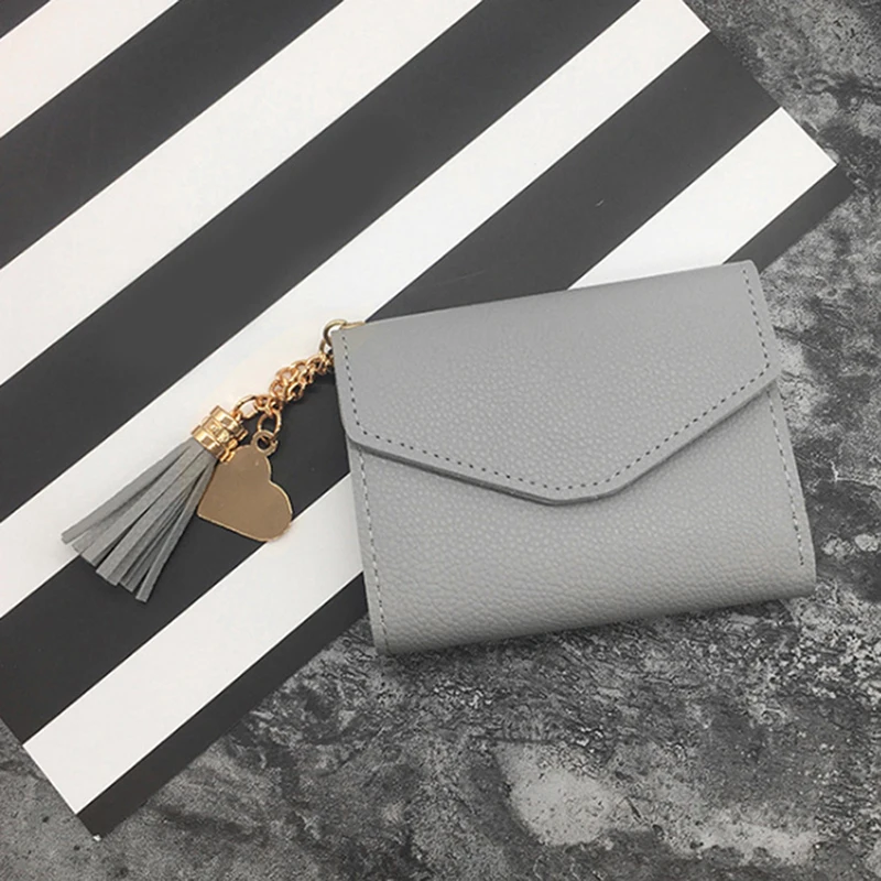

Short Wallet Tassel PU Leather Wallets Female Heart Pendant Hasp Coin Purse Mini Bag