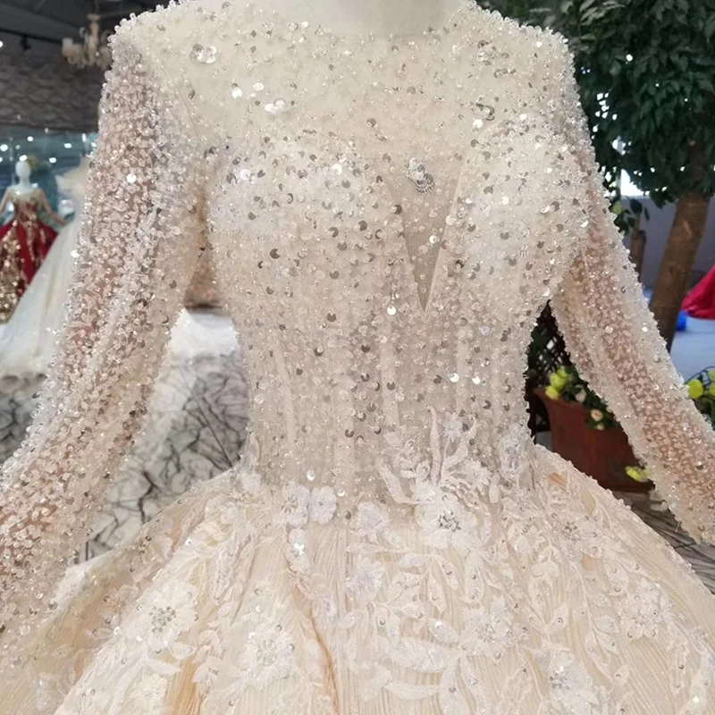 LS11223 Свадебные платья ручной работы с кристаллами цвета шампанского круглым