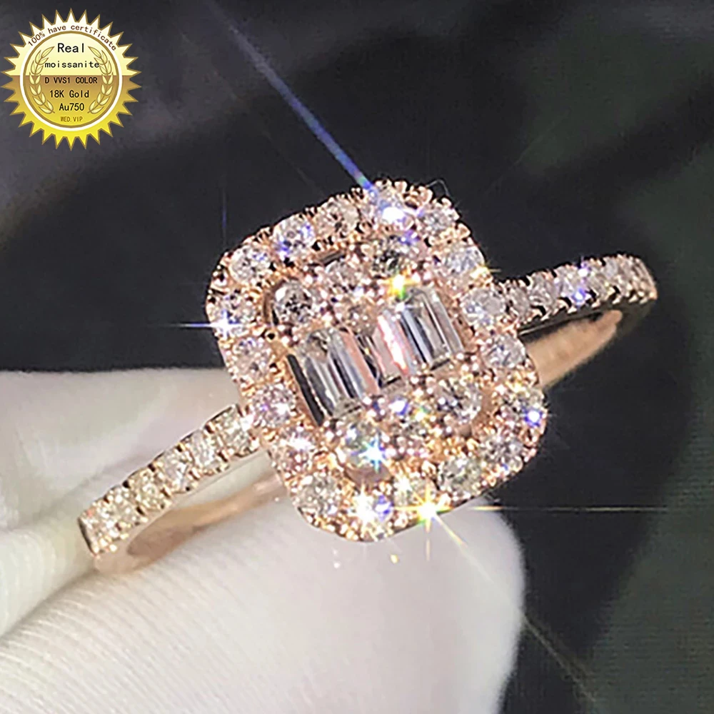 

14K Au585 Rose Gold Women Wedding Party Engagement Ring Rectangle Emerald Victorian Moissanite Diamond Ring Trendy Cute Romantic