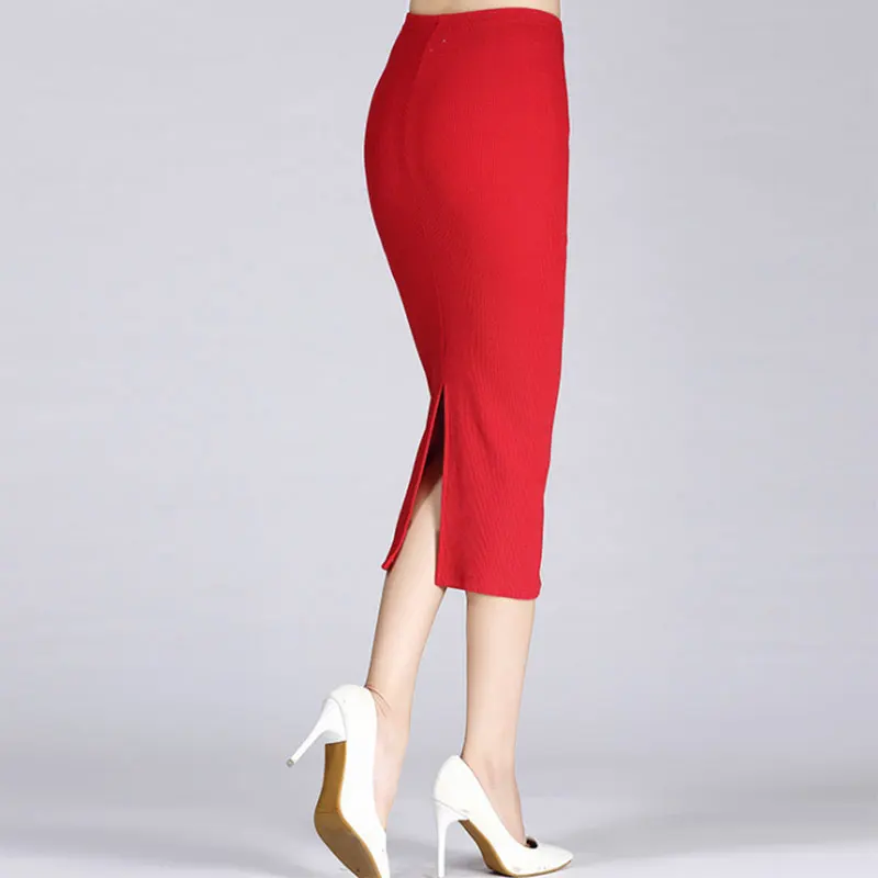 Hot Autumn Winter Women Pencil Skirt High Waist Cotton Solid Color Stretch Elastic Slim Business OL Split Bodycon Skirts IE998 | Женская