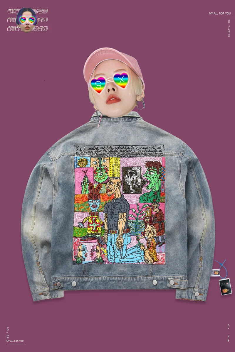 Джинсовая куртка с двумя карманами Забавный мультяшный комикс цветная ручная