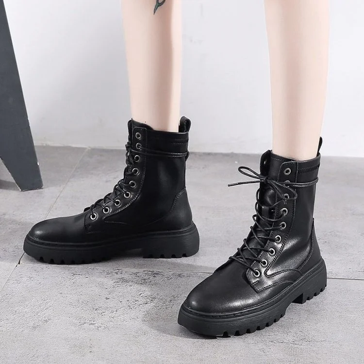 

and winter 2020 new pure Autumn color women's leather boots waterproof platform lace up boots women's shoes