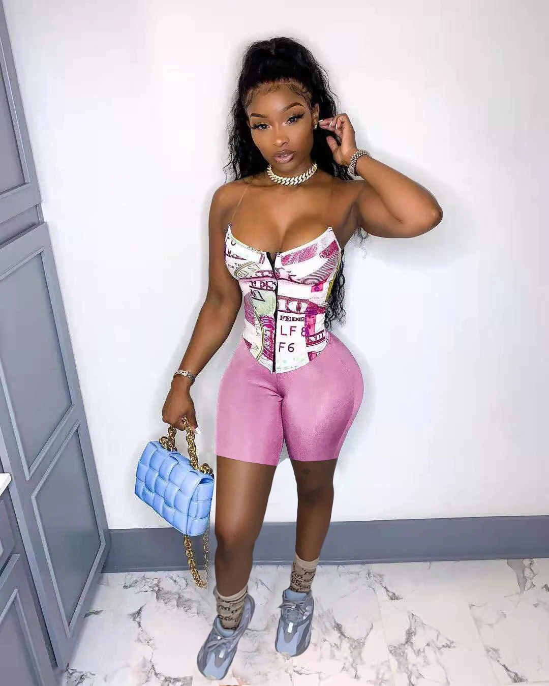 Уличная спортивный костюм Для женщин класс доллар США короткий топ с принтом и