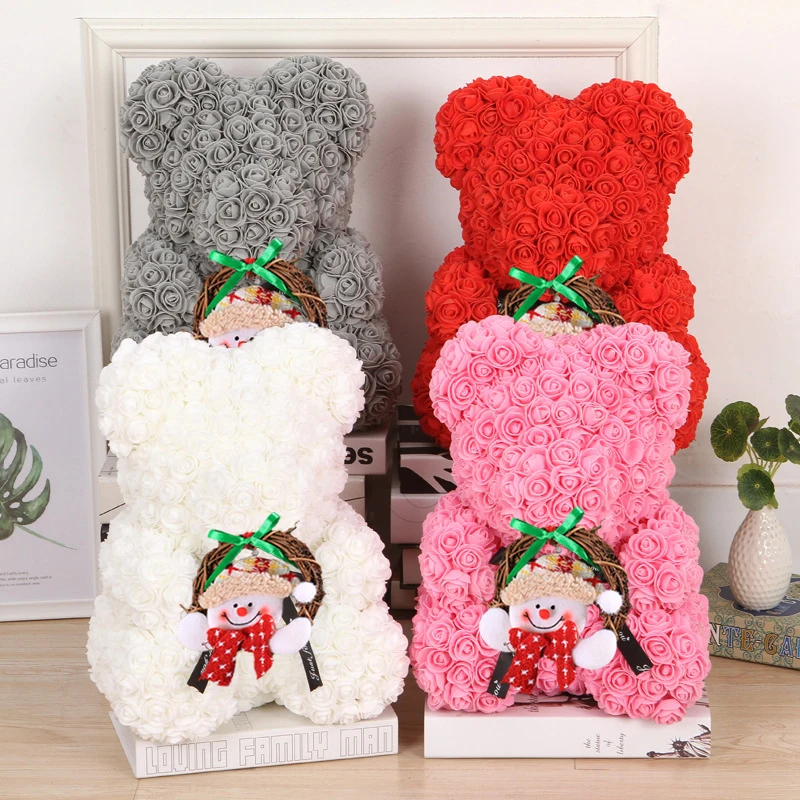 Christmas Gift 40cm Red Bear Rose Artificial Soap Roses Teddi Bear Eternal Flower Valentine Garland Gift Girl Friend Snowman