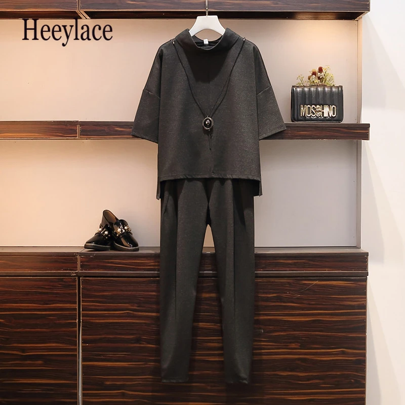 Женский осенний комплект из двух предметов размера плюс топа с ожерельем и