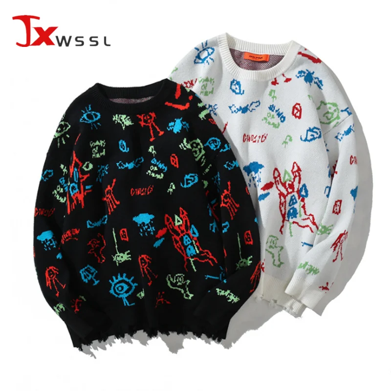 

Autumn Men Women Long-sleeved Sweater European American Fashion Brand Loose Round Neck Pullover Thick Anime White Sweater Tops