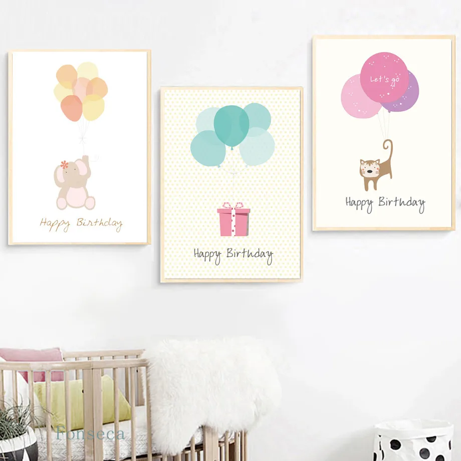 

Happy Birthday Quotes Cartoon Balloon Bear Bird Rabbit Canvas Painting Nordic Posters Wall Pictures Decor for Baby Room Gift