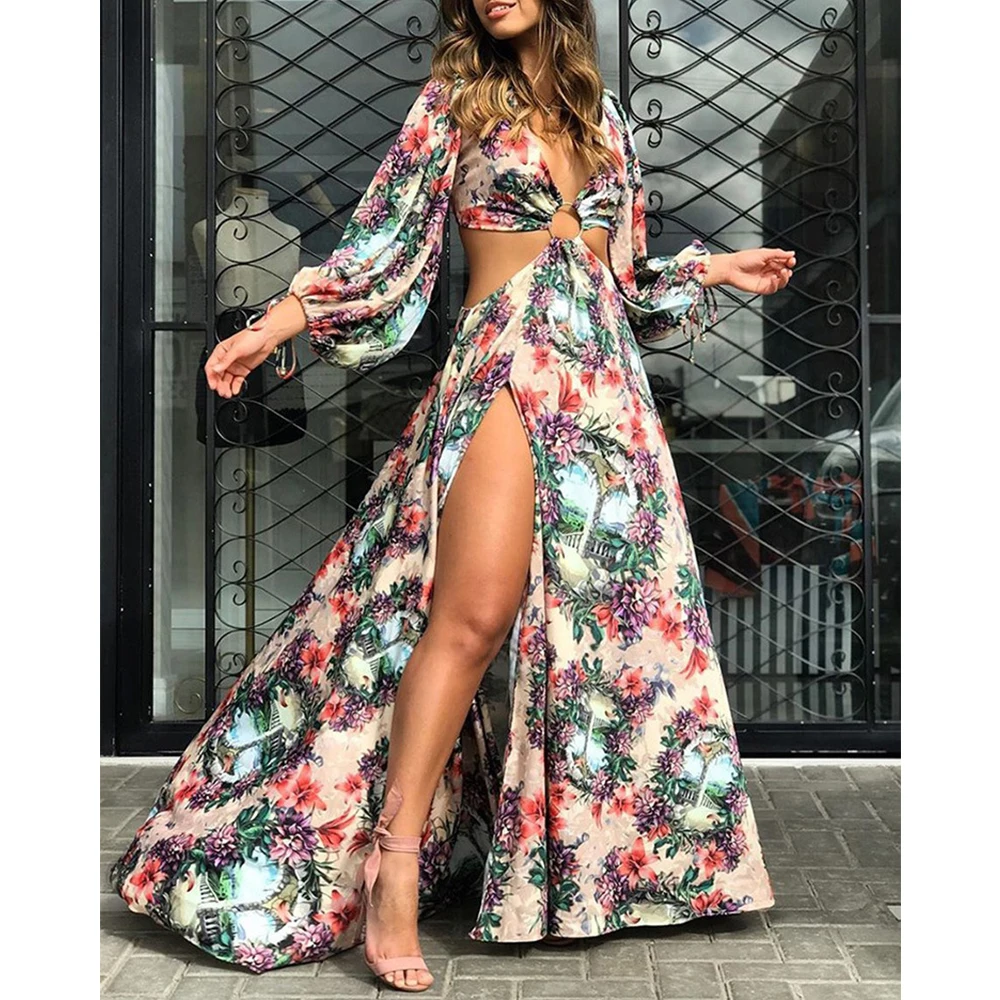 

2021 Beach Dress Summer Floral Swimsuit Print Belt Bathing Suit Women Long Cover Up Off Shoulder Beachwear Bandeau Halt Swimsuit