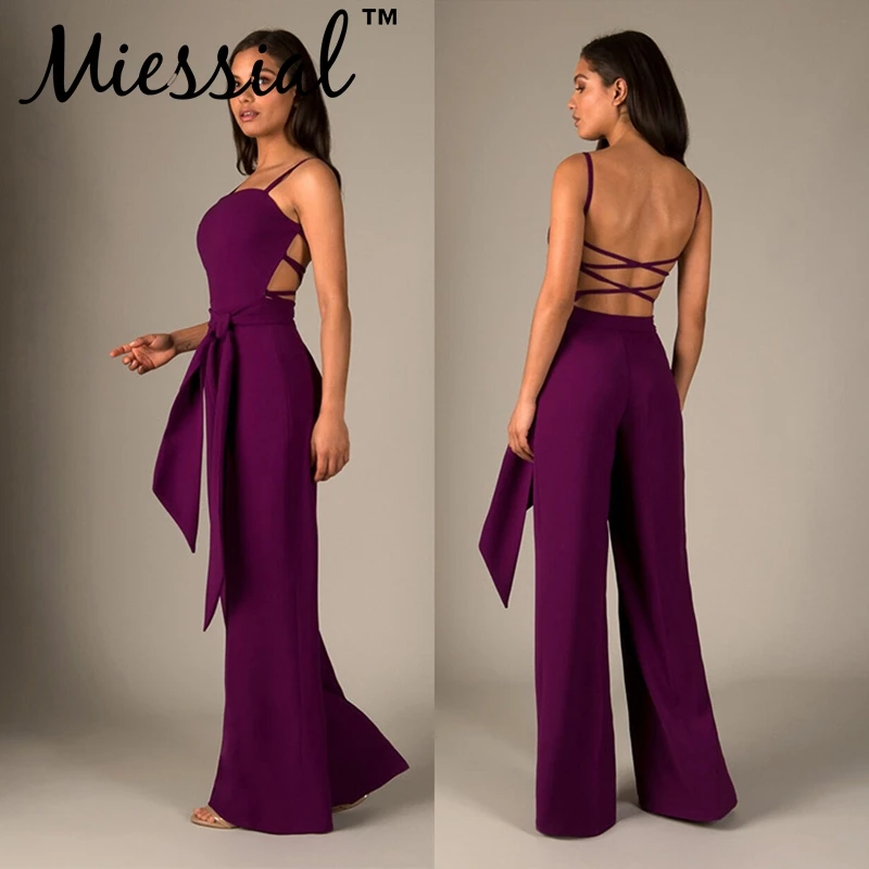 Miessial Solid backless sexy jumpsuit Women elegant Lace up office lady Autumn winter wide leg party club 2019 |
