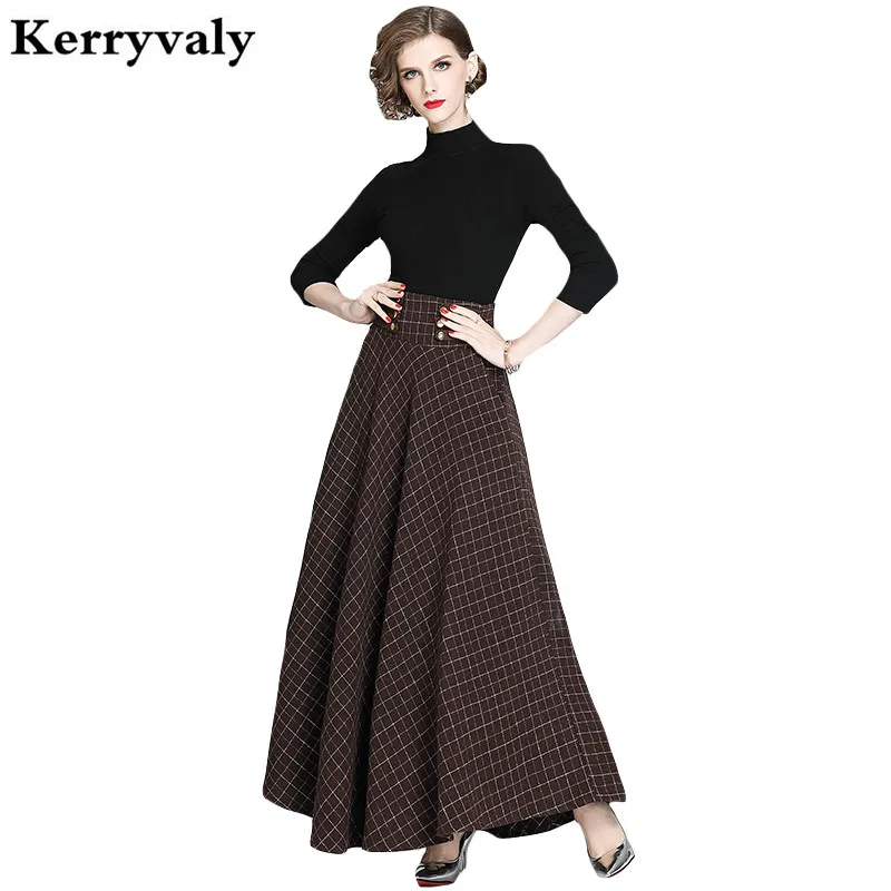 

Женский комплект из 2 предметов, длинная облегающая клетчатая юбка с большим подолом и высокой талией и черная вязаная рубашка, топ из Джерс...