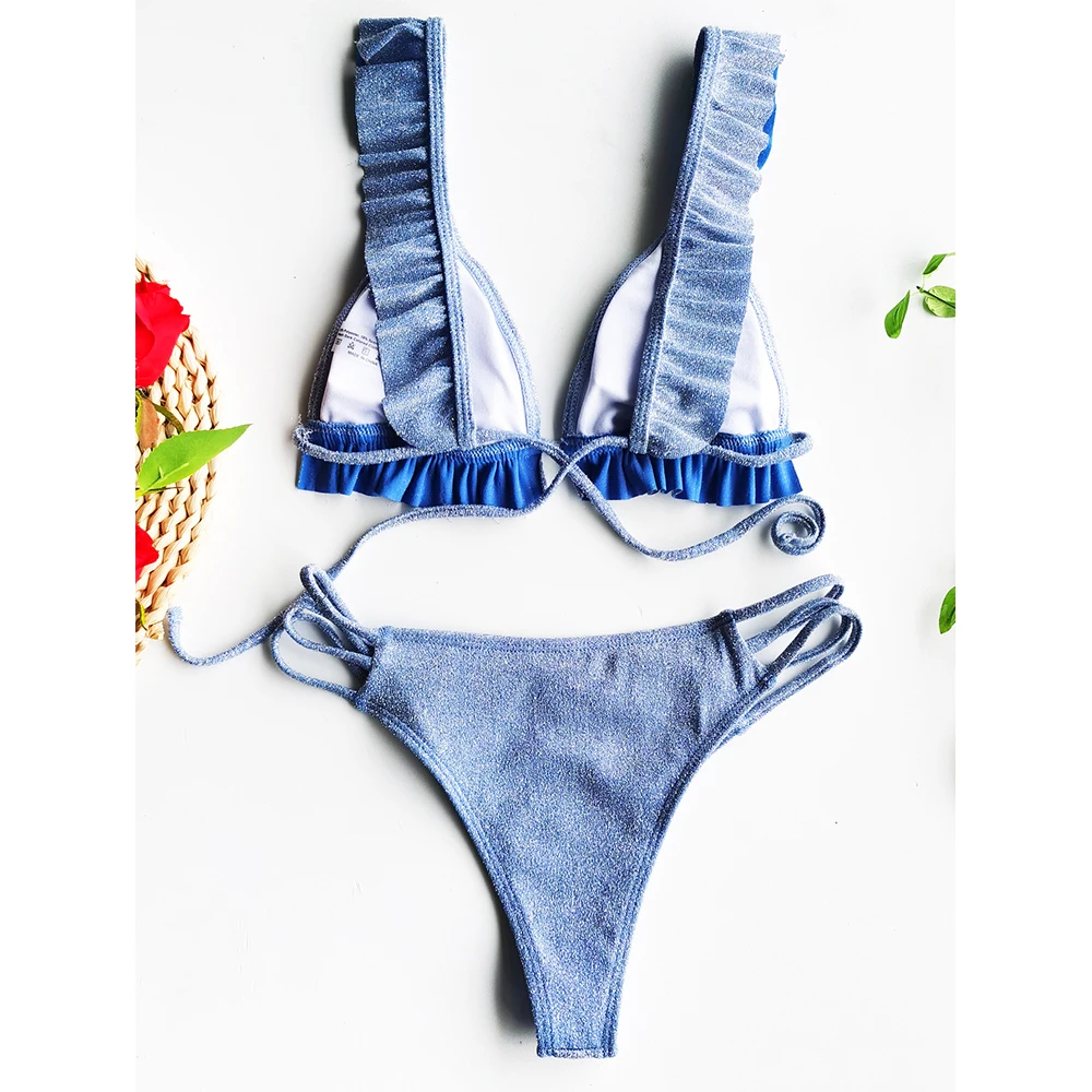 

Sexy Flash Bikini Women Swimwear Push Up Swimsuit Ruffle Bikini Set 2021 New Solid Bathing Suits Summer Beach Wear Swimming Suit
