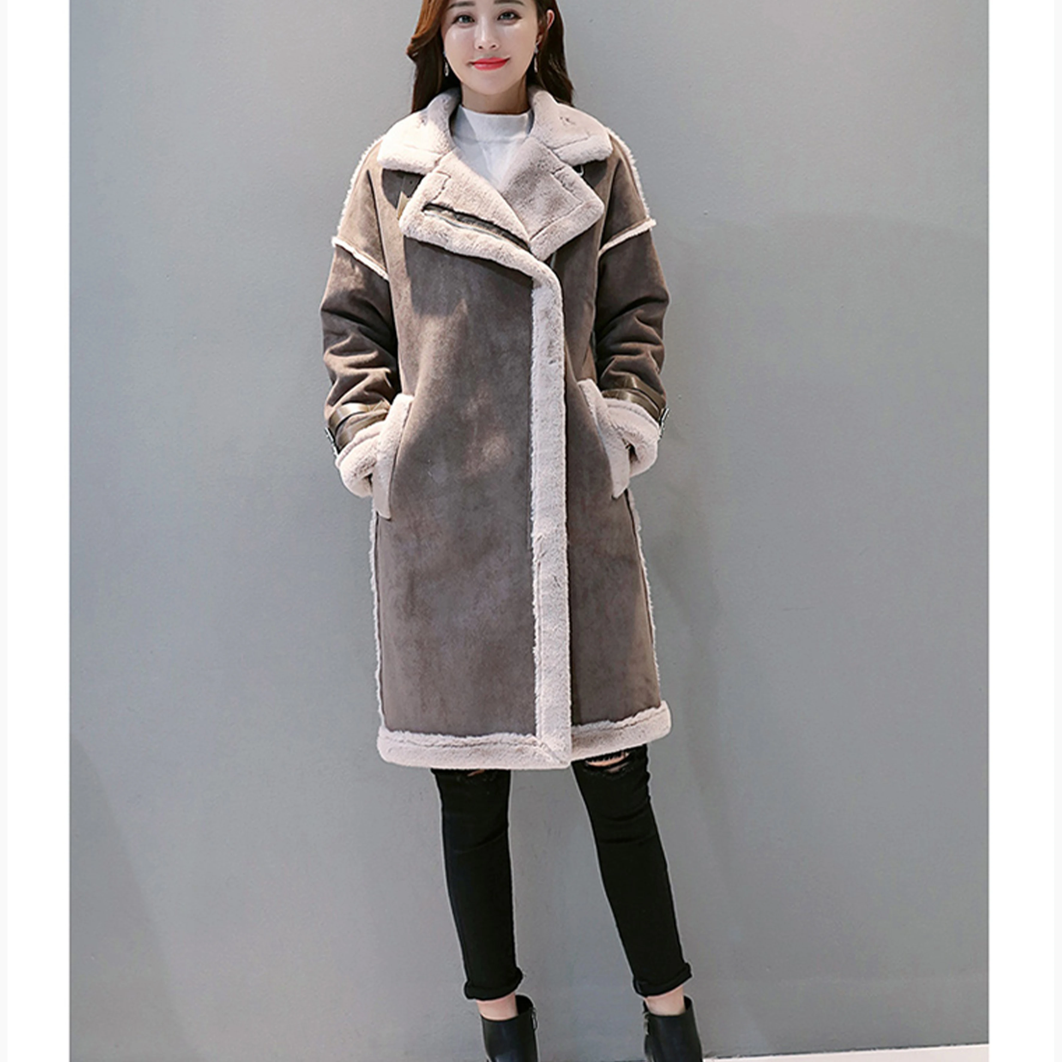 

FNOCE 2020 winter women's suede jackets fashion casual trends solid fur collar zipper plus velvet thickened warm elegant coats