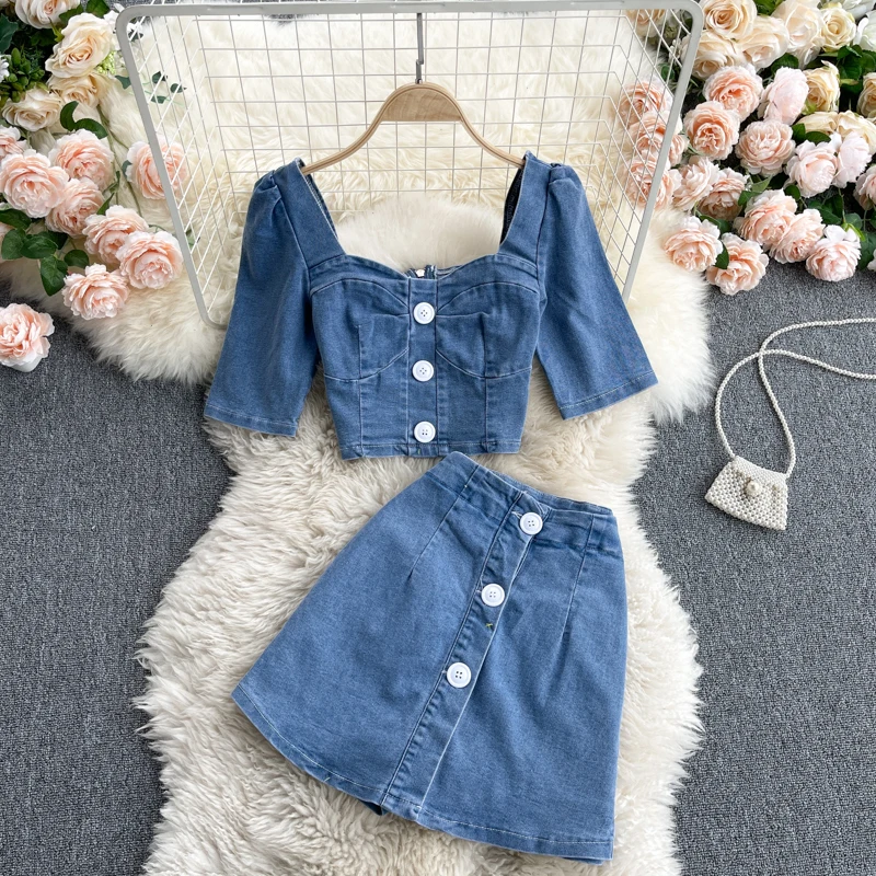 

2021 Summer Fashion Denim Suit French Style Square Collar Short Sleeve Midriff-Baring Top High Waist Skirt with Shorts Inside