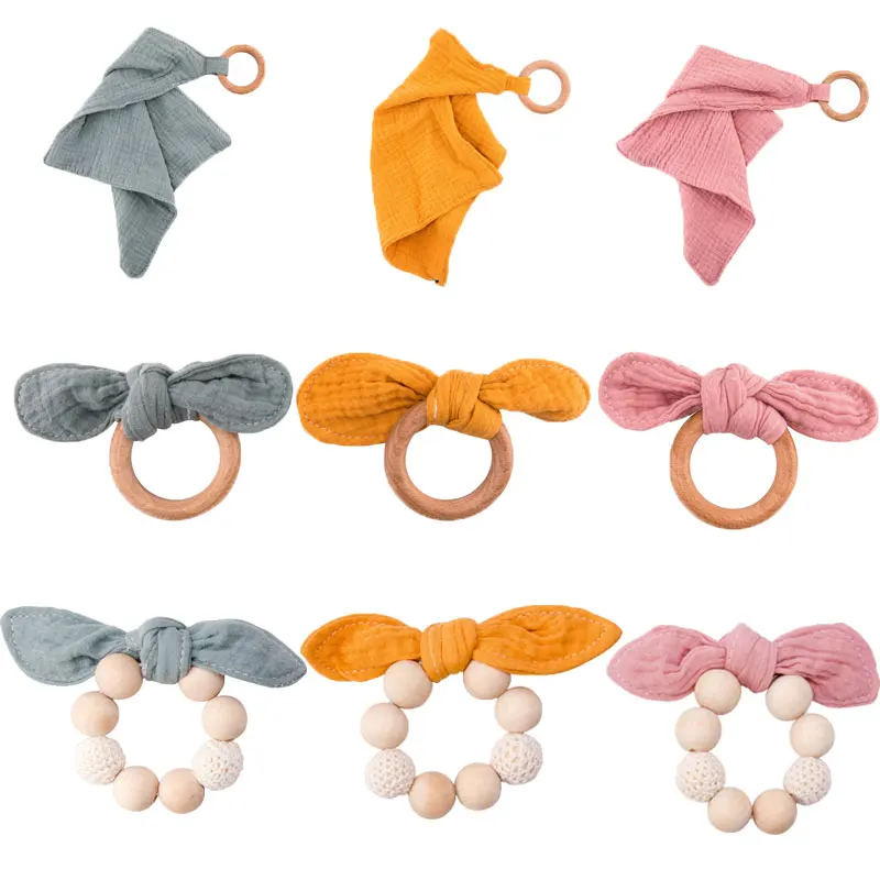 

1PC Wooden Teether Bunny Ear Wooden Rings Baby Bracelet Bib Soft Pure Cotton Blend Gauze Bibs Burp Towel For Kids DIY Products