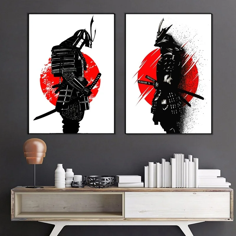 Японская самурайская живопись Черно-белая искусство домашний декор воины