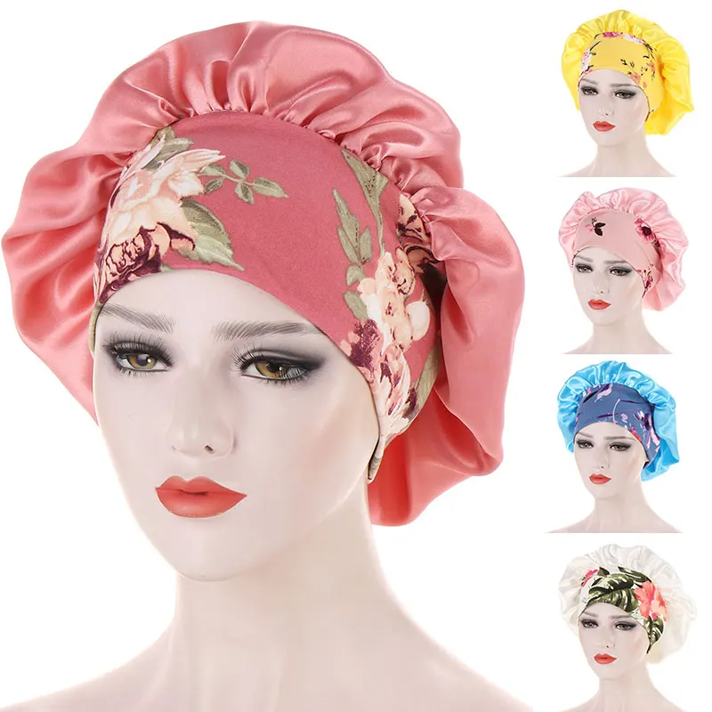 

Satin Night Sleeping Cap Floral Print Bonnets for Women Wide Elastic Band Silky Headwrap Ladies Head Cover Hair Care Nightcap