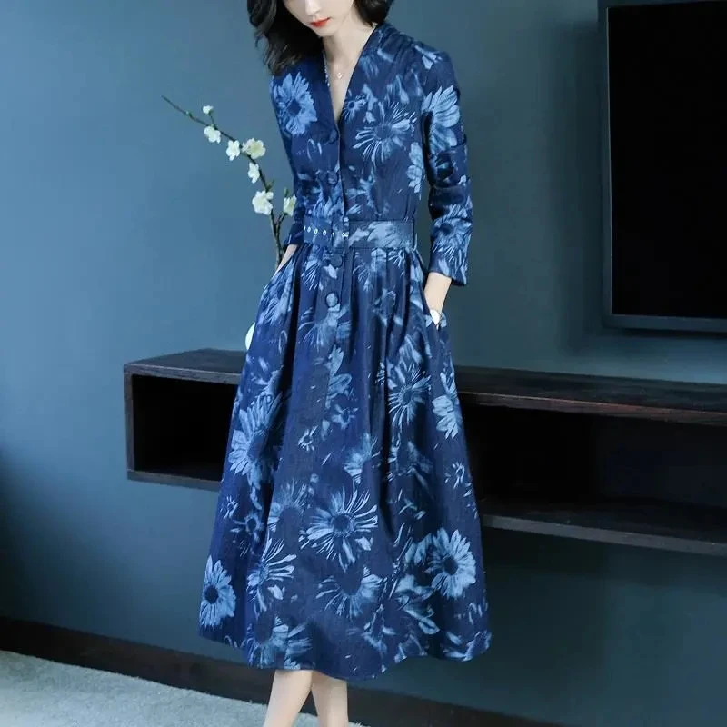 

Vintage Midi Print Dress With Belt Women 2021 Spring Elegant Slim Waist Long Sleeve Party Dress Big Size Casual a-Line Dresses